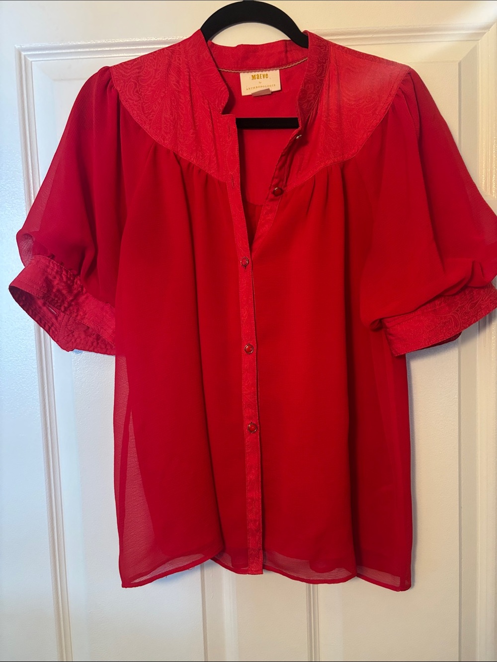 Maeve Vibrant Red Puff-Sleeve Button Blouse